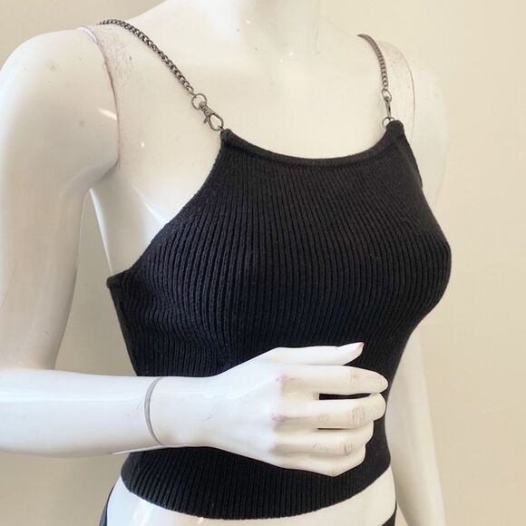 Reformation Black Ribbed Knit Chain Strap Fitted Tank Top - Picture 2 of 7